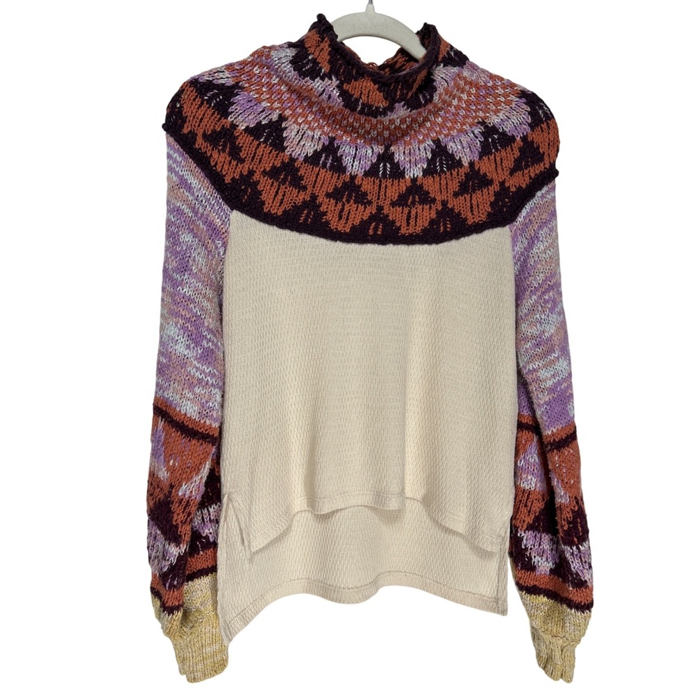 Free People Swit The Small Stuff Hi-Lo Hem Sweater Cream Purple XS Retail: $185